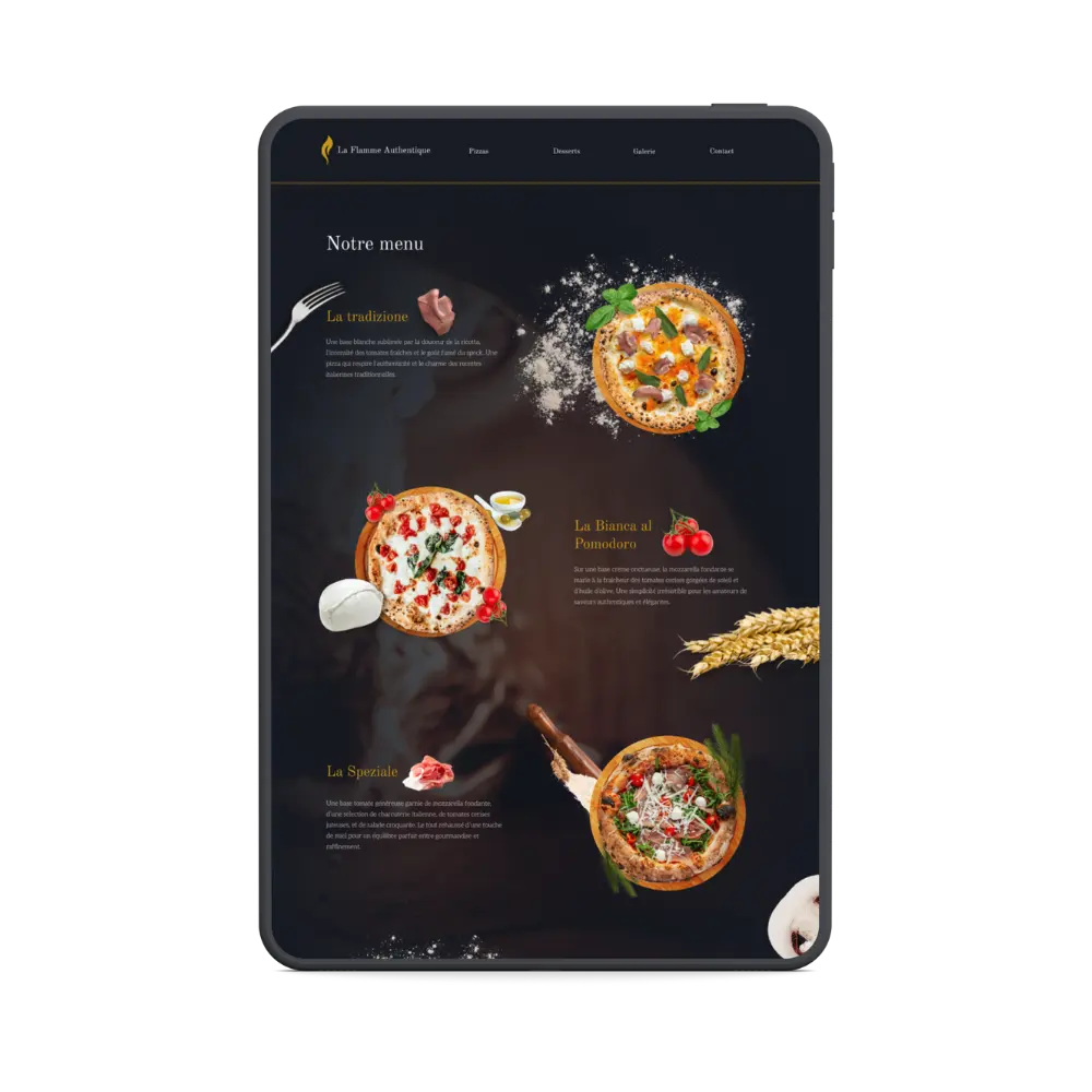 photo d'une tablette qui montre une refonte de site internet de pizzeria